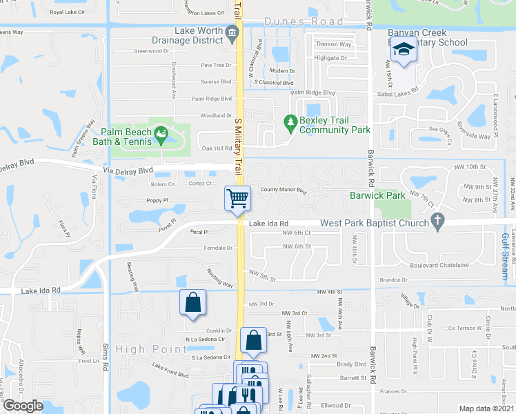 map of restaurants, bars, coffee shops, grocery stores, and more near 604 Hummingbird Lane in Delray Beach