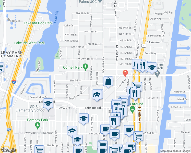 map of restaurants, bars, coffee shops, grocery stores, and more near 802 Northwest 1st Avenue in Delray Beach