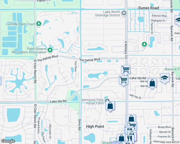 map of restaurants, bars, coffee shops, grocery stores, and more near 5400 Poppy Place in Delray Beach