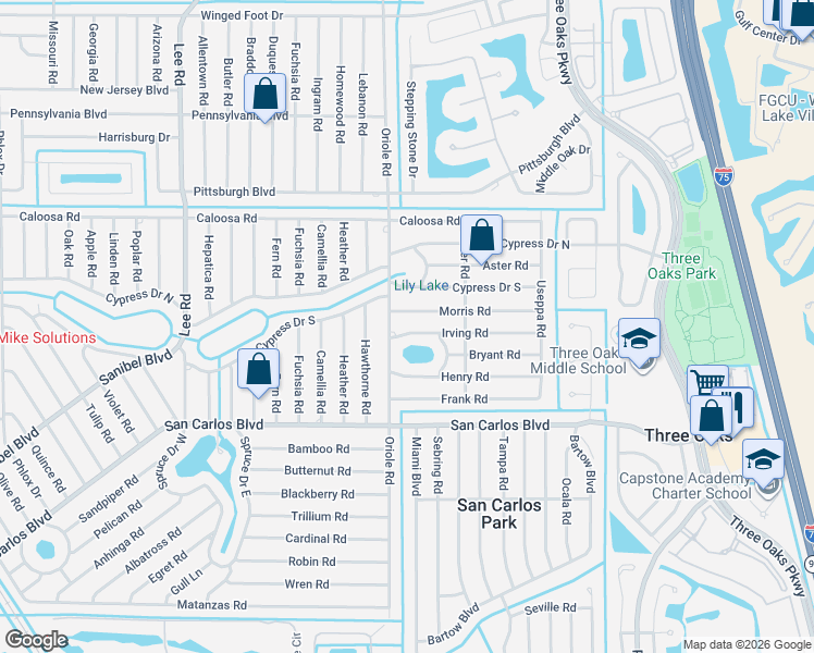 map of restaurants, bars, coffee shops, grocery stores, and more near 9004 Irving Road in Fort Myers