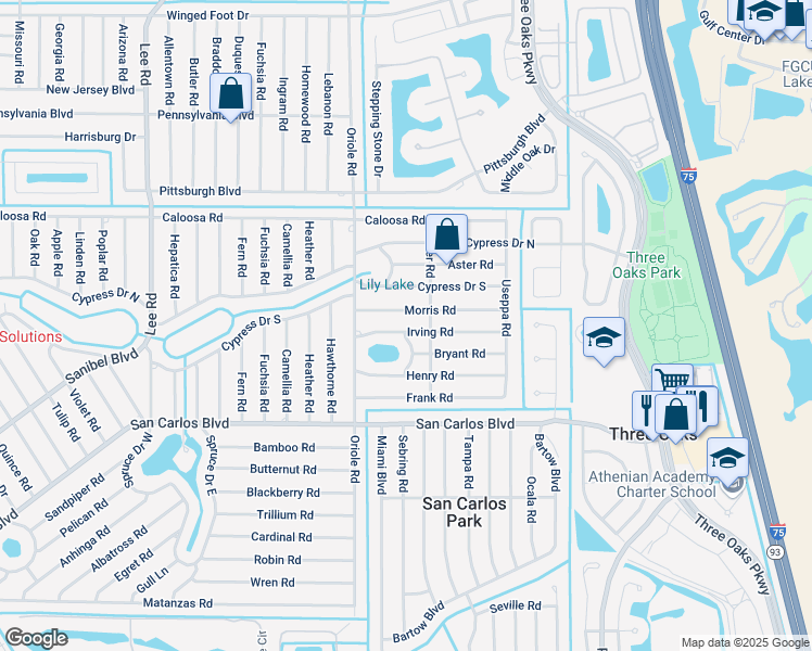 map of restaurants, bars, coffee shops, grocery stores, and more near 9041 Irving Road in Fort Myers