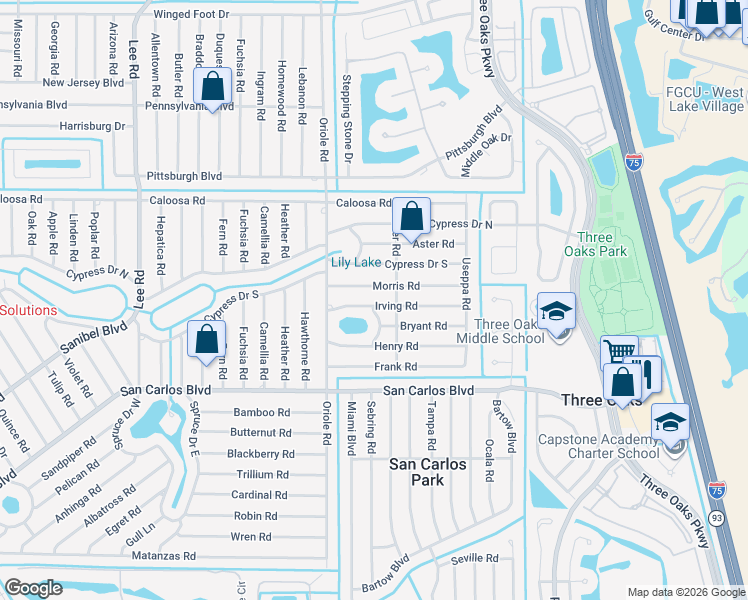 map of restaurants, bars, coffee shops, grocery stores, and more near 9041 Irving Road in Fort Myers