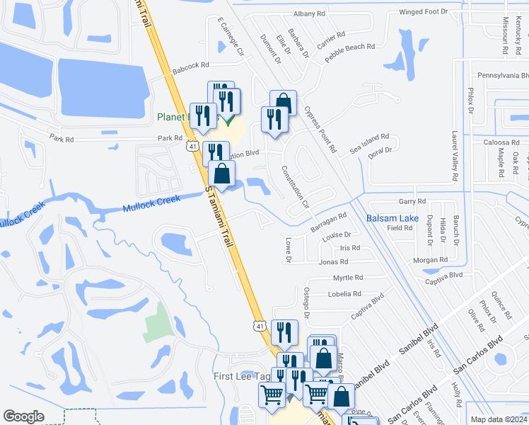 map of restaurants, bars, coffee shops, grocery stores, and more near 7037 Constitution Loop in Fort Myers