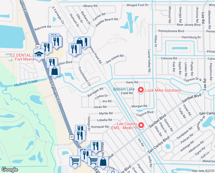 map of restaurants, bars, coffee shops, grocery stores, and more near 7347 Barragan Road in Fort Myers