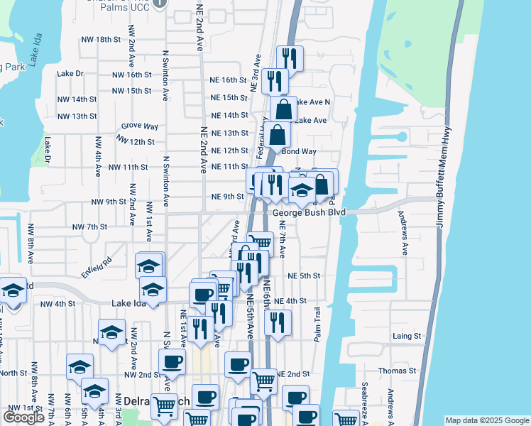 map of restaurants, bars, coffee shops, grocery stores, and more near N Federal Hwy & George Bush Blvd in Delray Beach