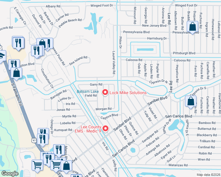 map of restaurants, bars, coffee shops, grocery stores, and more near 18125 Hilda Drive in Fort Myers
