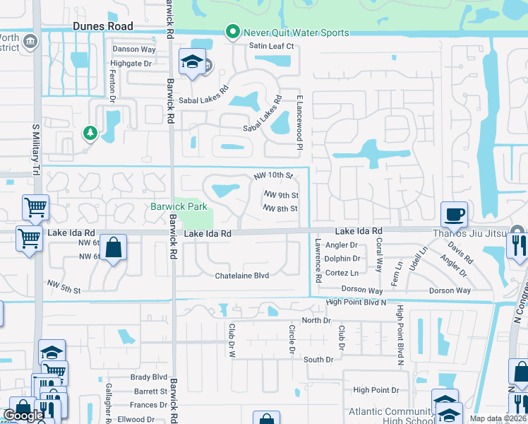 map of restaurants, bars, coffee shops, grocery stores, and more near 3901 Northwest 7th Court in Delray Beach