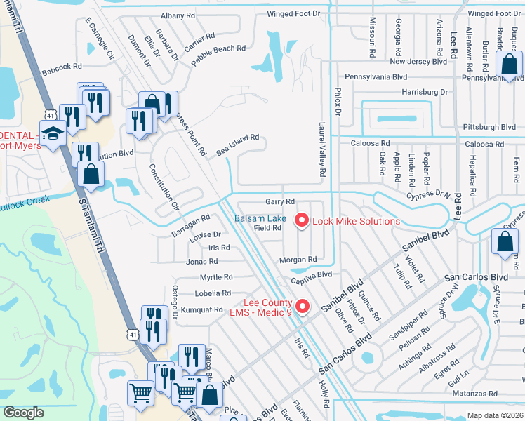 map of restaurants, bars, coffee shops, grocery stores, and more near 18155 Matanzas Road in Fort Myers