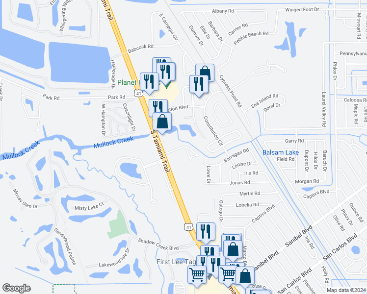 map of restaurants, bars, coffee shops, grocery stores, and more near 7037 Constitution Loop in Fort Myers