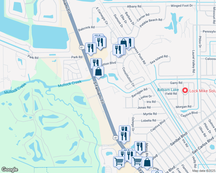 map of restaurants, bars, coffee shops, grocery stores, and more near Greenwood Park Circle in Fort Myers