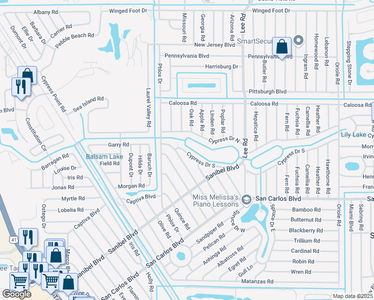 map of restaurants, bars, coffee shops, grocery stores, and more near 8081 Cypress Drive South in Fort Myers