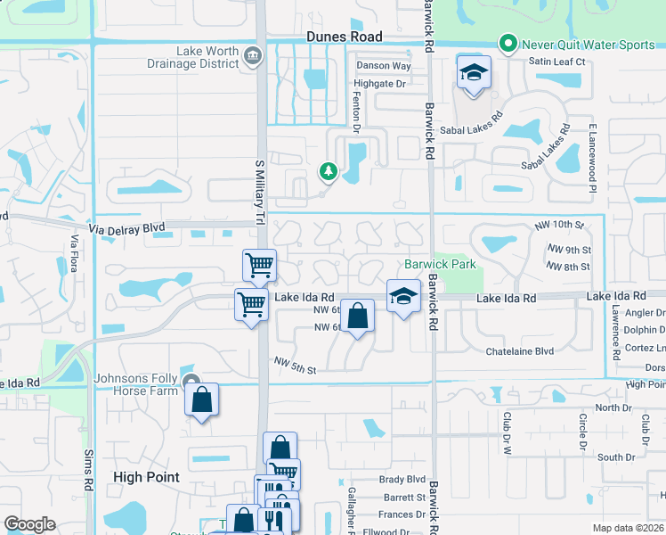 map of restaurants, bars, coffee shops, grocery stores, and more near 817 Meadowlark Lane in Delray Beach