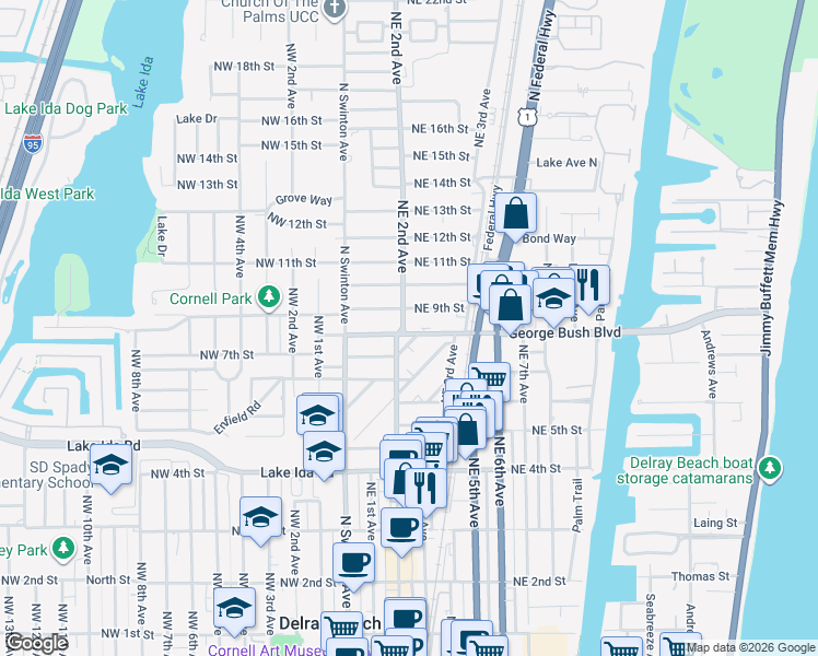 map of restaurants, bars, coffee shops, grocery stores, and more near 706 Northeast 2nd Avenue in Delray Beach