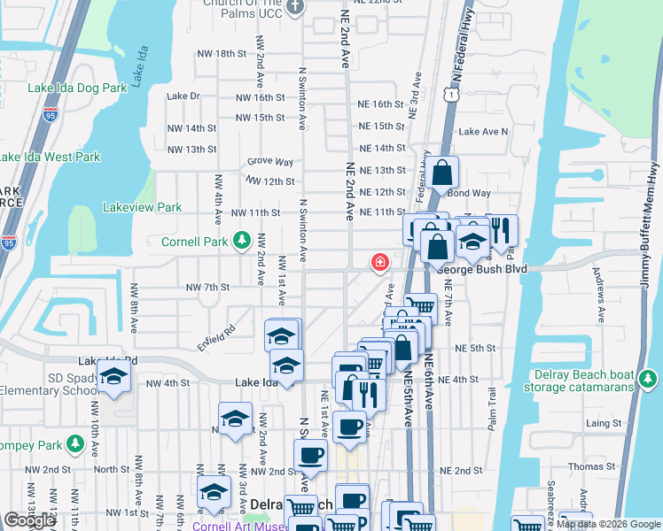 map of restaurants, bars, coffee shops, grocery stores, and more near 109 George Bush Boulevard in Delray Beach