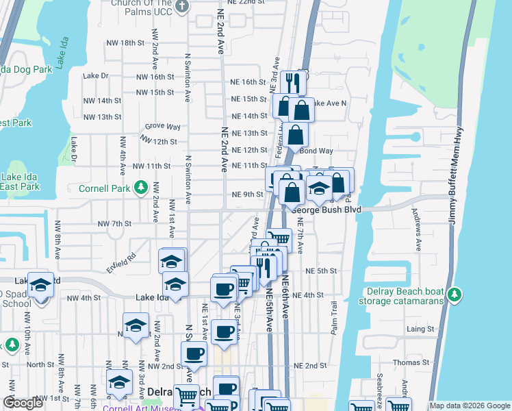 map of restaurants, bars, coffee shops, grocery stores, and more near in Delray Beach
