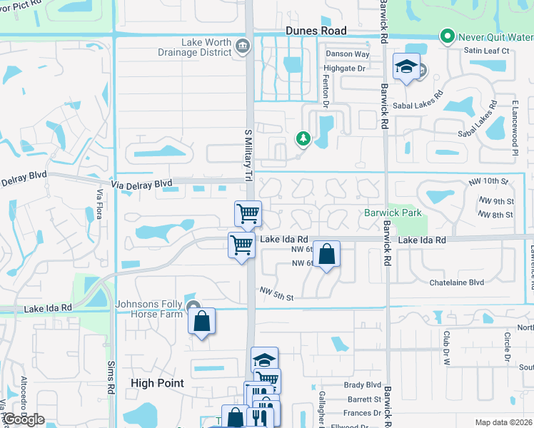 map of restaurants, bars, coffee shops, grocery stores, and more near 756 Whippoorwill Lane in Delray Beach