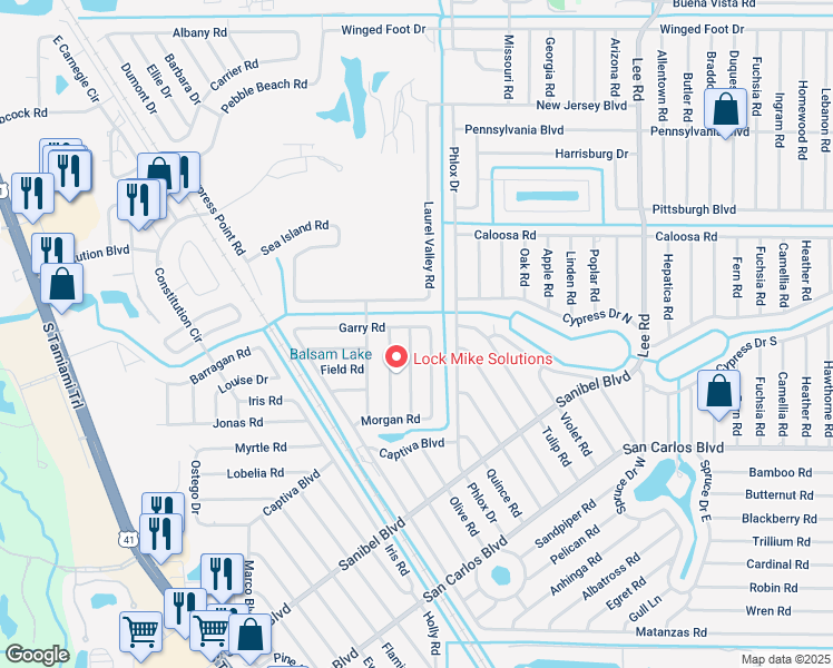 map of restaurants, bars, coffee shops, grocery stores, and more near 7595 Garry Road in Fort Myers