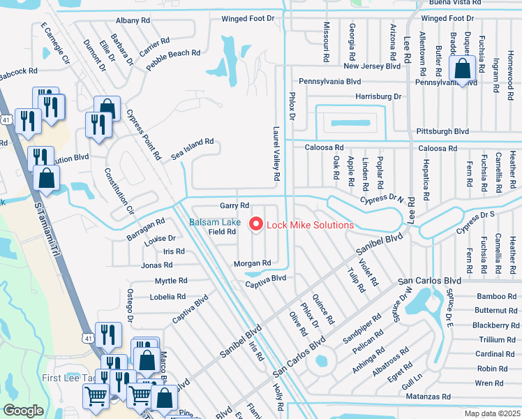 map of restaurants, bars, coffee shops, grocery stores, and more near 7550 Garry Road in Fort Myers
