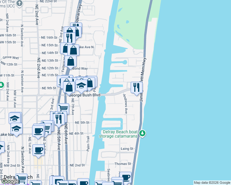 map of restaurants, bars, coffee shops, grocery stores, and more near 1177 George Bush Boulevard in Delray Beach