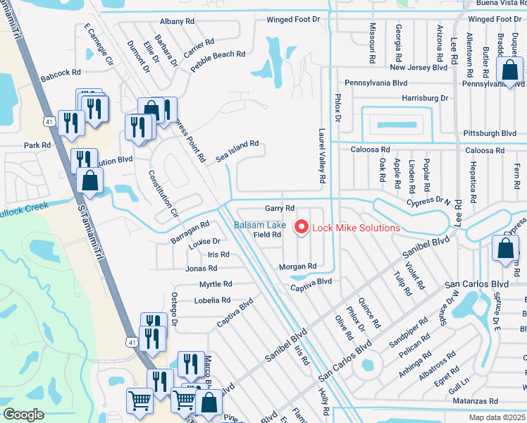 map of restaurants, bars, coffee shops, grocery stores, and more near 7501-03 Garry Road in Fort Myers
