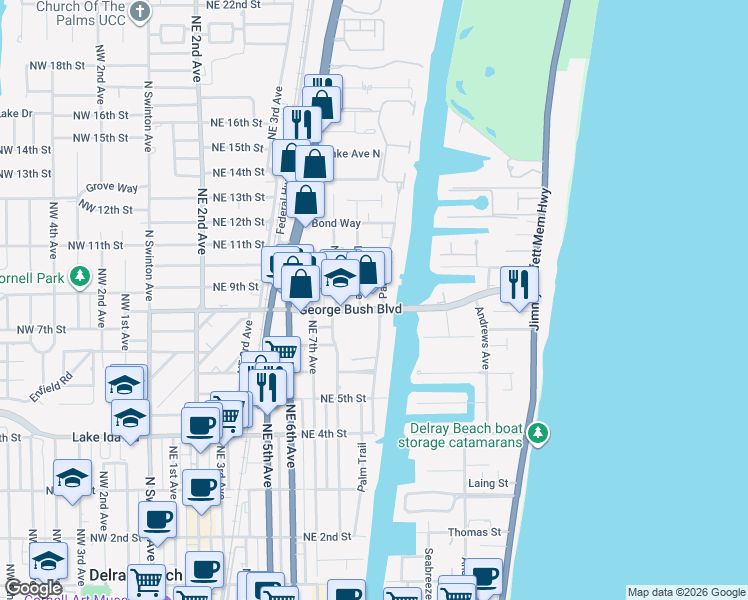 map of restaurants, bars, coffee shops, grocery stores, and more near 816 Palm Trail in Delray Beach