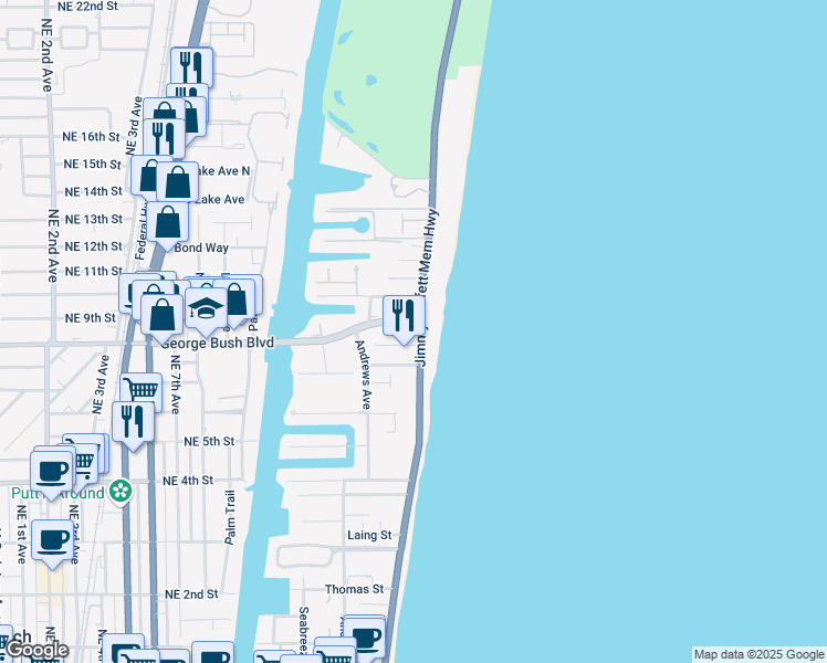 map of restaurants, bars, coffee shops, grocery stores, and more near 801 North Ocean Boulevard in Delray Beach
