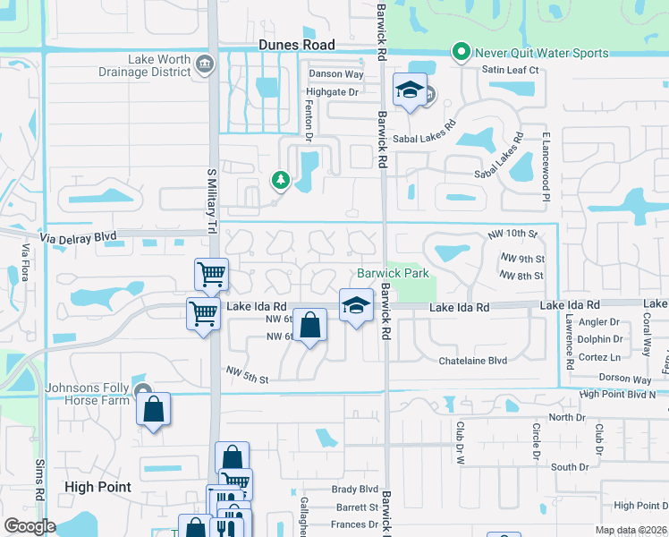 map of restaurants, bars, coffee shops, grocery stores, and more near 448 Bluebird Lane in Delray Beach