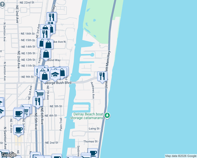 map of restaurants, bars, coffee shops, grocery stores, and more near 1234 George Bush Boulevard in Delray Beach