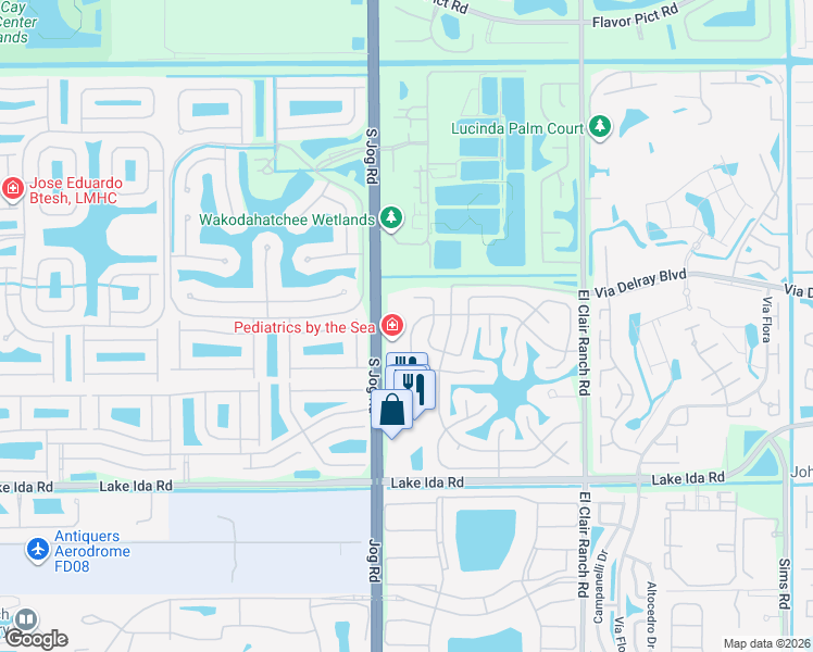 map of restaurants, bars, coffee shops, grocery stores, and more near 13590 Jog Road in Delray Beach