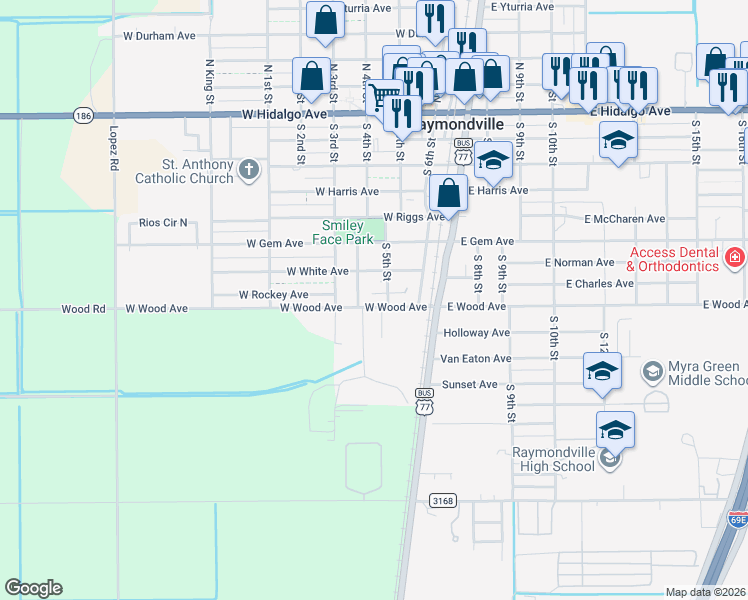 map of restaurants, bars, coffee shops, grocery stores, and more near 436-498 Lopez Ave in Raymondville