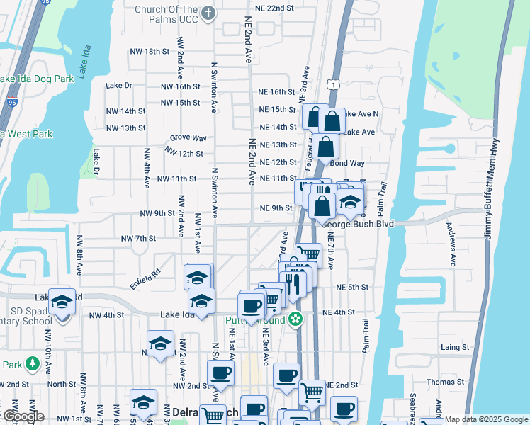 map of restaurants, bars, coffee shops, grocery stores, and more near 218 Northeast 9th Street in Delray Beach