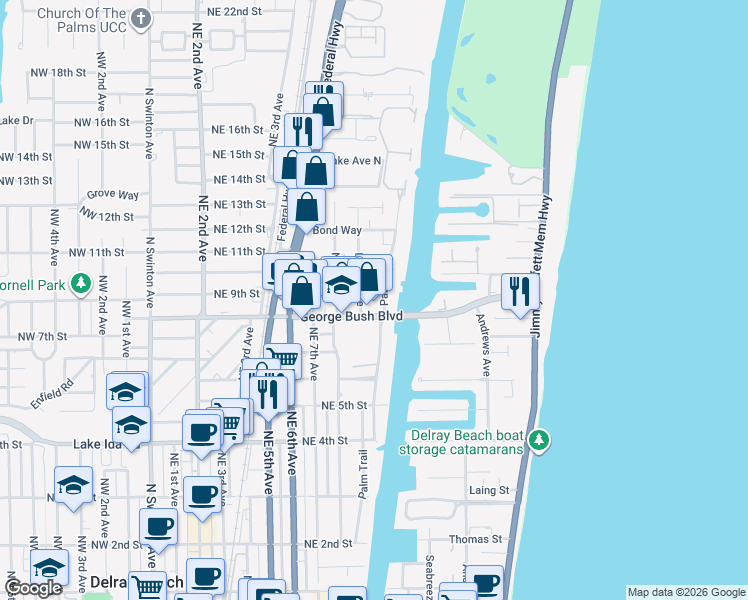 map of restaurants, bars, coffee shops, grocery stores, and more near 810 Palm Trail in Delray Beach