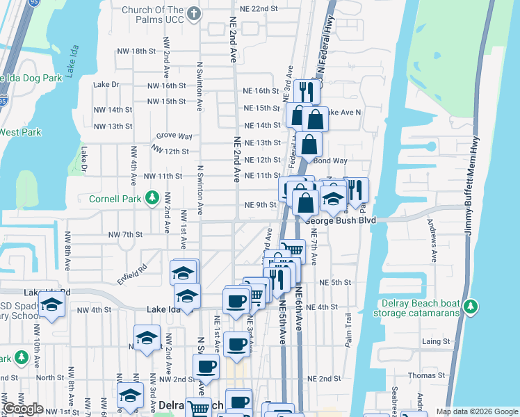 map of restaurants, bars, coffee shops, grocery stores, and more near 236 Northeast 9th Street in Delray Beach