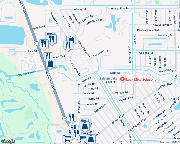 map of restaurants, bars, coffee shops, grocery stores, and more near 7296 Coolidge Road in Fort Myers