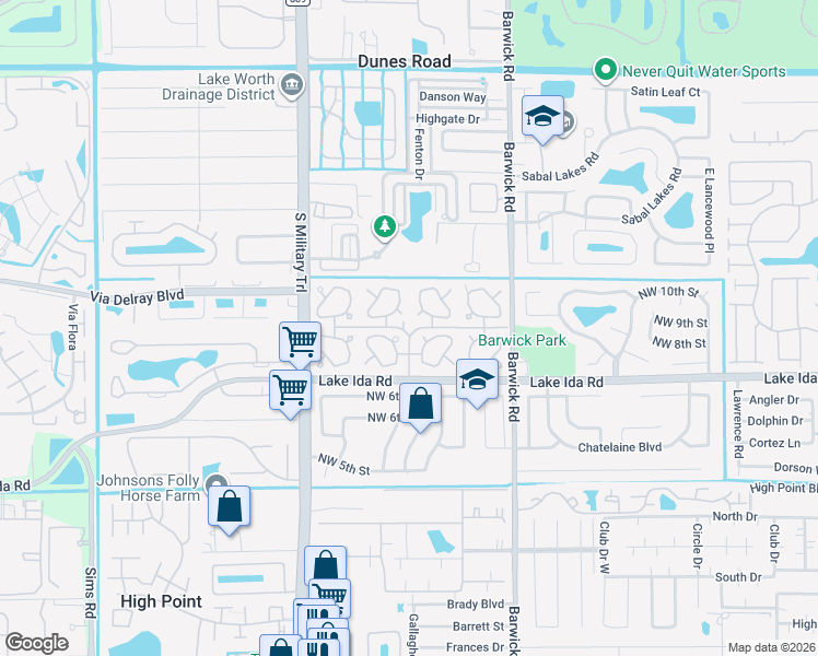 map of restaurants, bars, coffee shops, grocery stores, and more near 406 Bluebird Lane in Delray Beach