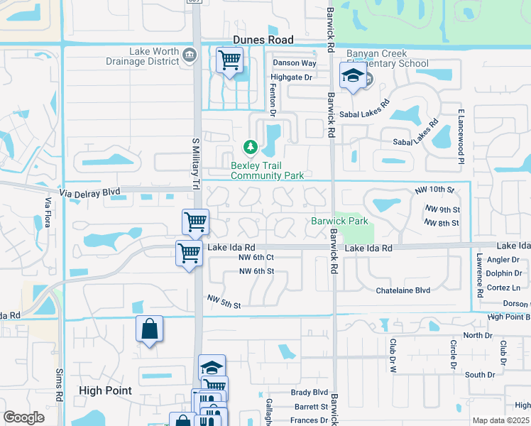 map of restaurants, bars, coffee shops, grocery stores, and more near 406 Bluebird Lane in Delray Beach