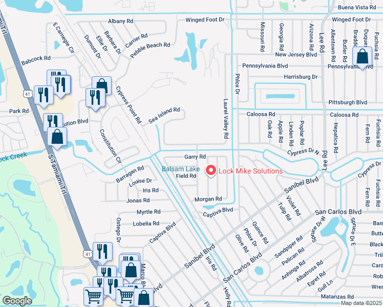 map of restaurants, bars, coffee shops, grocery stores, and more near 7501-03 Garry Road in Fort Myers