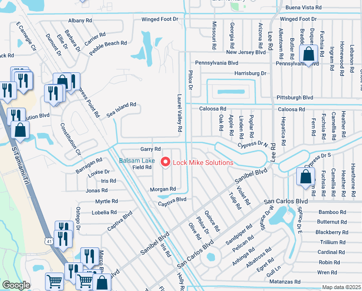 map of restaurants, bars, coffee shops, grocery stores, and more near 7595 Garry Road in Fort Myers