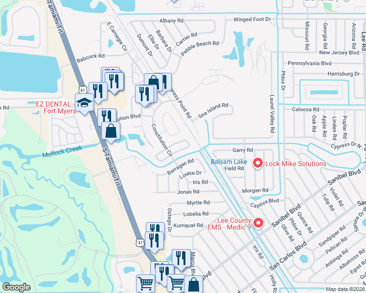 map of restaurants, bars, coffee shops, grocery stores, and more near 7291 Coolidge Road in Fort Myers