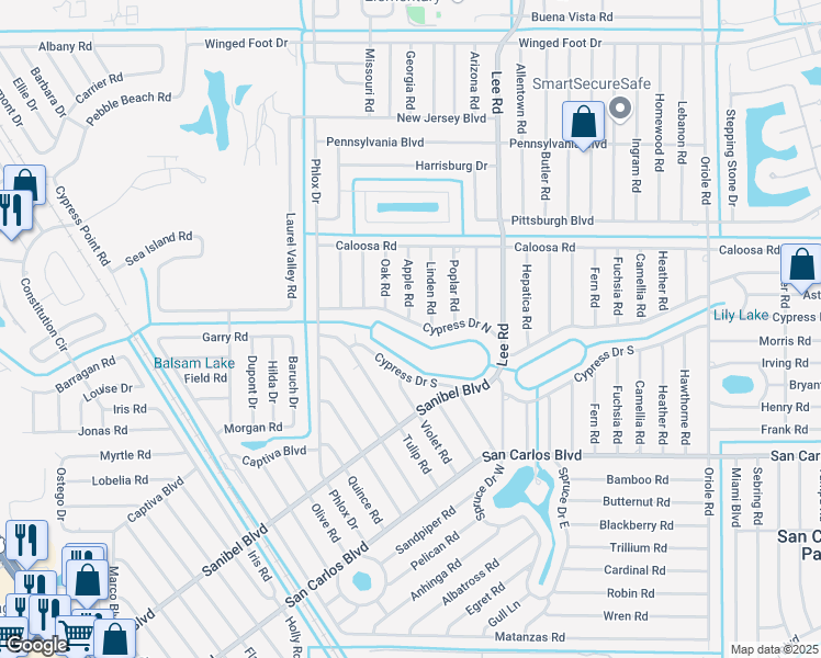 map of restaurants, bars, coffee shops, grocery stores, and more near 8112 Cypress Drive North in Fort Myers
