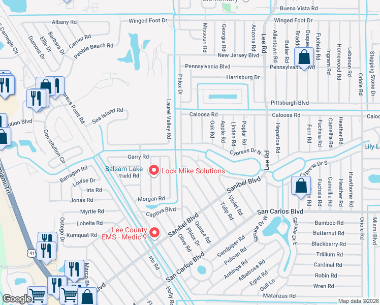 map of restaurants, bars, coffee shops, grocery stores, and more near 18371 Tulip Road in Fort Myers