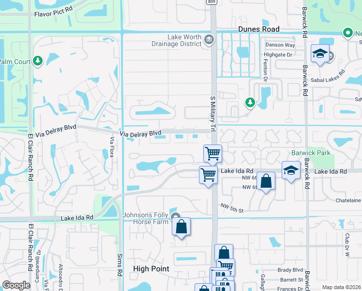 map of restaurants, bars, coffee shops, grocery stores, and more near 5186 Cortez Court in Delray Beach