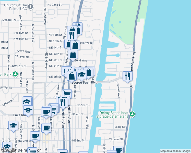 map of restaurants, bars, coffee shops, grocery stores, and more near 815 Palm Trail in Delray Beach