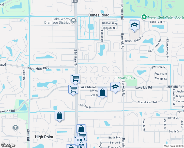 map of restaurants, bars, coffee shops, grocery stores, and more near 506 Sandpiper Circle Lane in Delray Beach