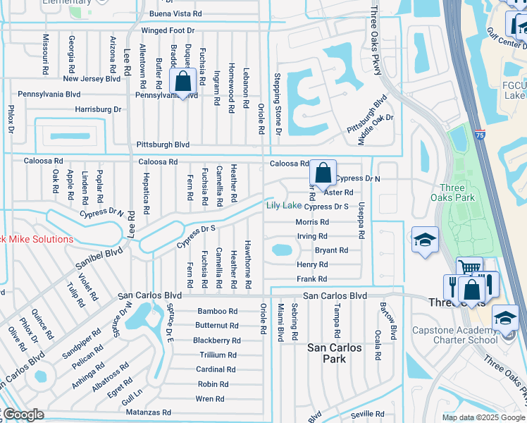 map of restaurants, bars, coffee shops, grocery stores, and more near 18286 Oriole Road in Fort Myers