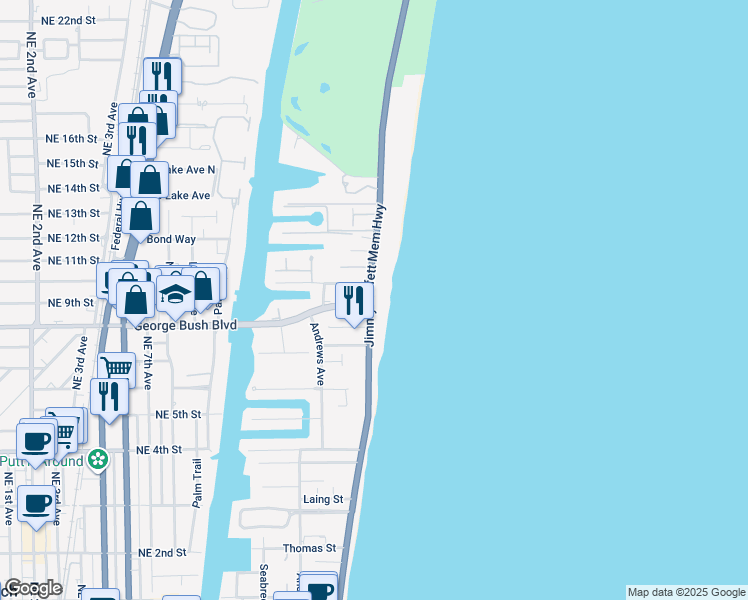 map of restaurants, bars, coffee shops, grocery stores, and more near 801 North Ocean Boulevard in Delray Beach