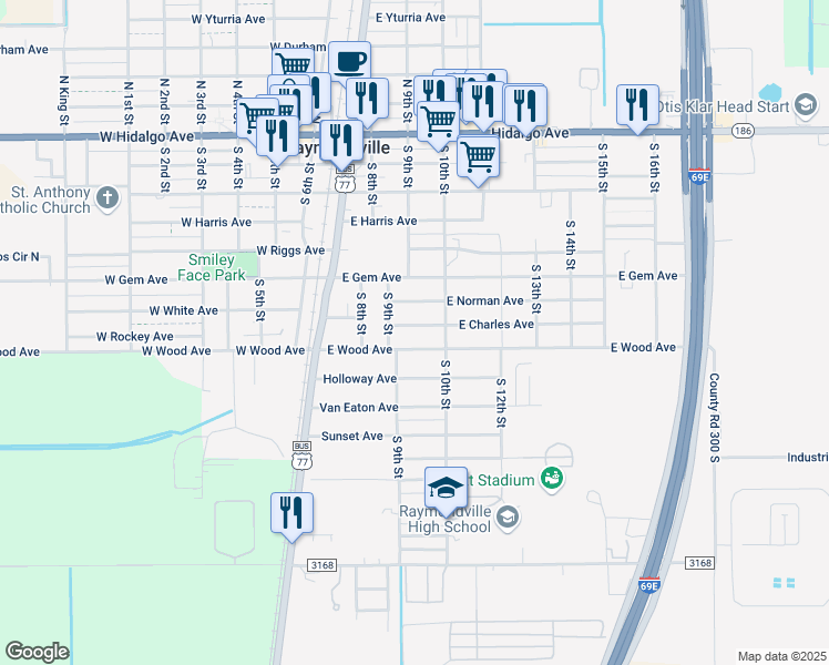 map of restaurants, bars, coffee shops, grocery stores, and more near 300-398 Charles Avenue in Raymondville