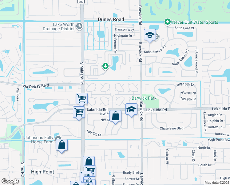 map of restaurants, bars, coffee shops, grocery stores, and more near 406 Bluebird Lane in Delray Beach