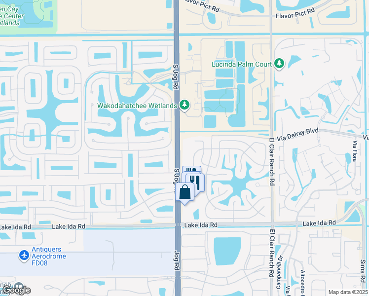map of restaurants, bars, coffee shops, grocery stores, and more near 13590 Jog Road in Delray Beach