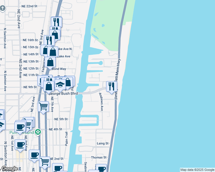 map of restaurants, bars, coffee shops, grocery stores, and more near 1225 George Bush Boulevard in Delray Beach
